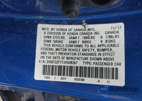 2018 Honda Civic Ex from USA, damaged, VIN 2HGFC2F77JH508367